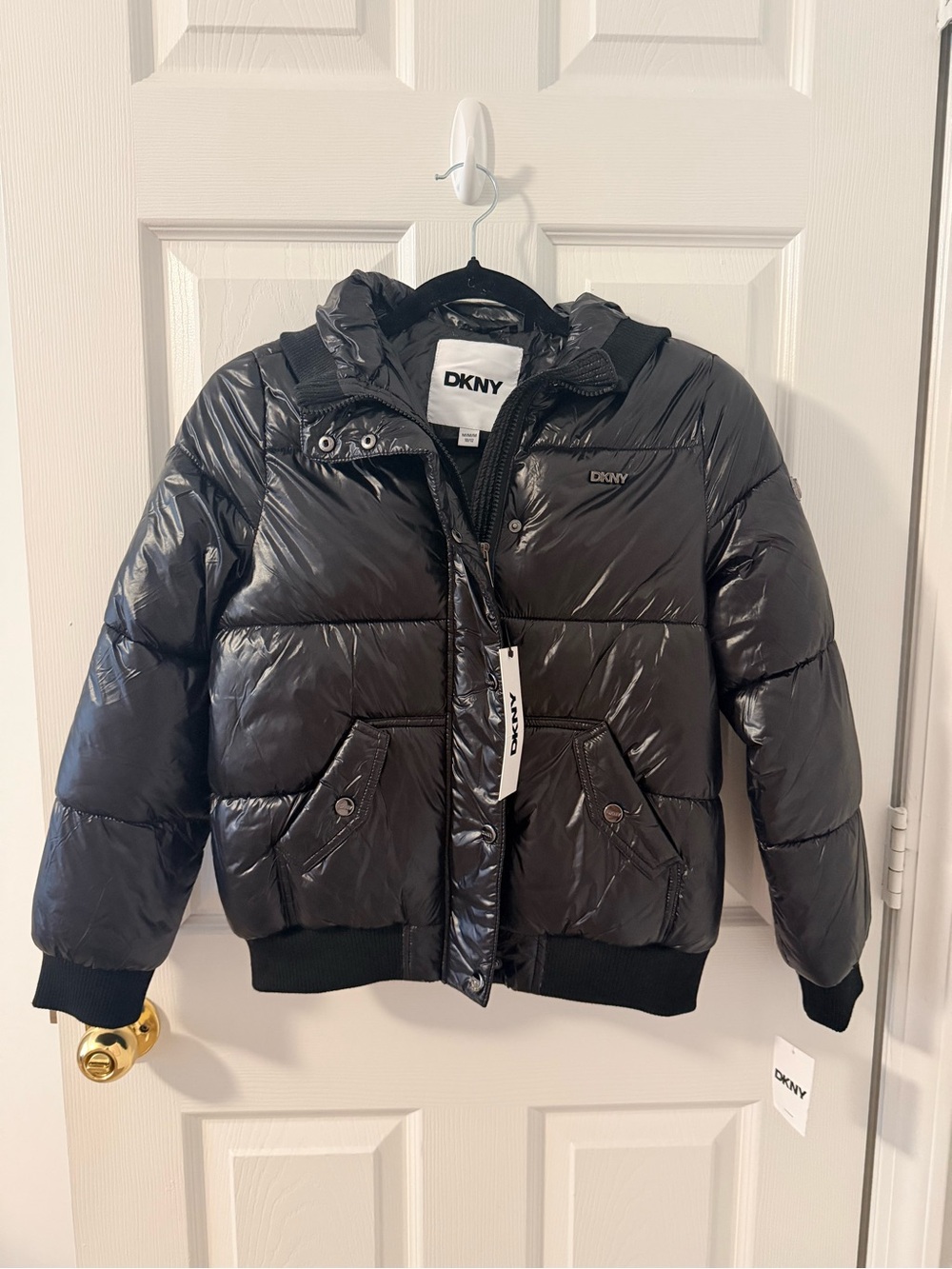 DKNY Black Shiny Puffer Jacket with Hood